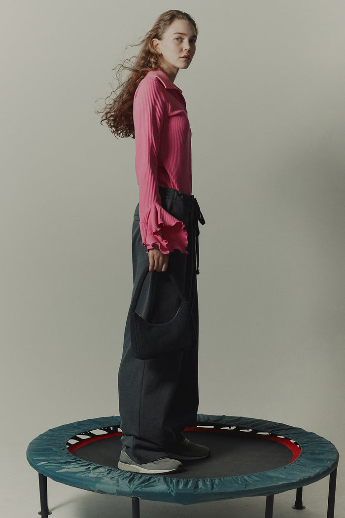 goen.j Open-collar ribbed ruffle-trim polo top PINK goen.j Open-collar ribbed ruffle-trim polo top PINK