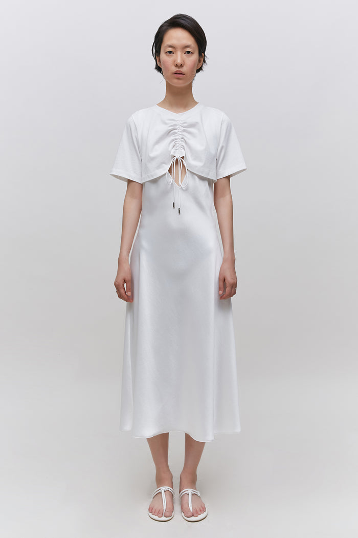 Goen.j Overlayered Ruched Cotton Jersey And Satin Midi Dress IVORY