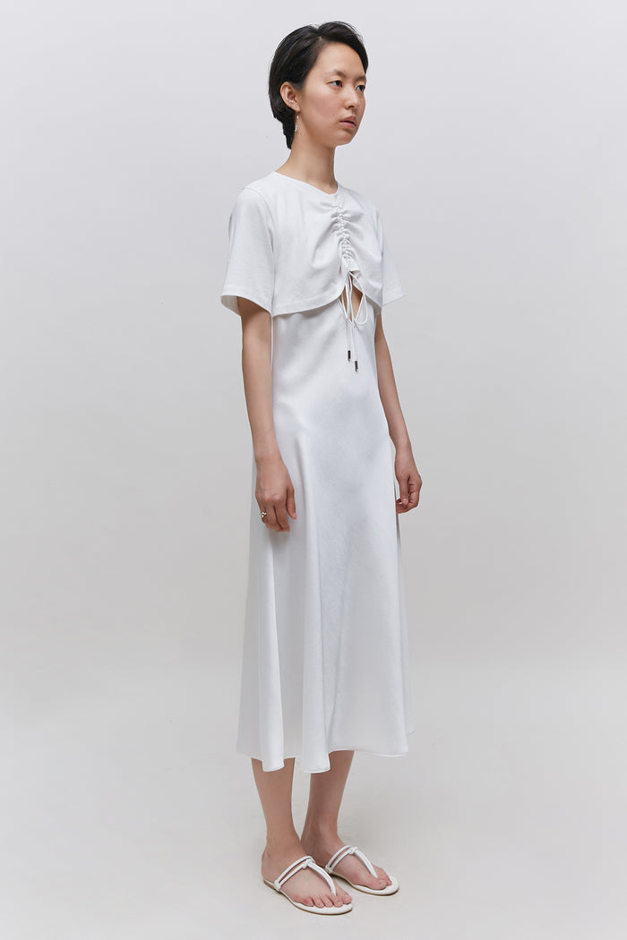 Goen.j Overlayered Ruched Cotton Jersey And Satin Midi Dress IVORY