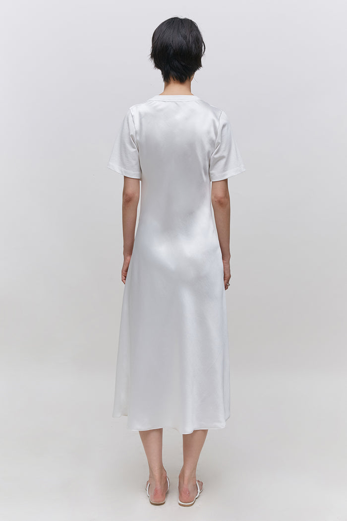 Goen.j Overlayered Ruched Cotton Jersey And Satin Midi Dress IVORY
