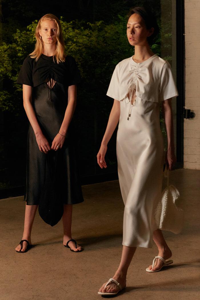 goen.j Overlayered ruched cotton jersey and satin midi dress IVORY