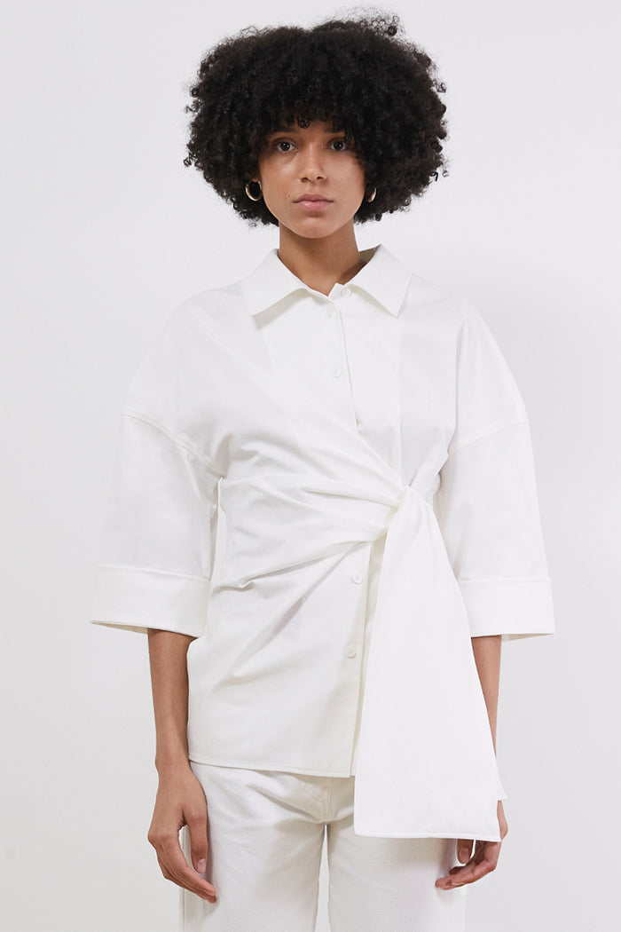 Goen.j Oversized Knotted Detail Cotton-blend Shirts IVORY