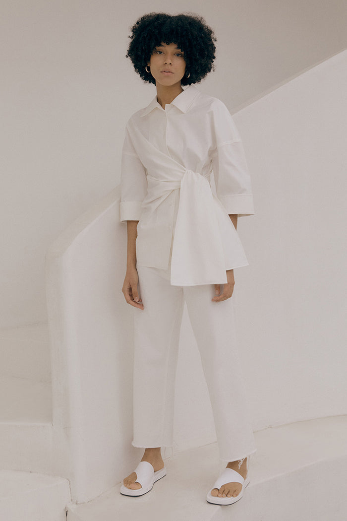 goen.j Oversized knotted detail cotton-blend shirts IVORY