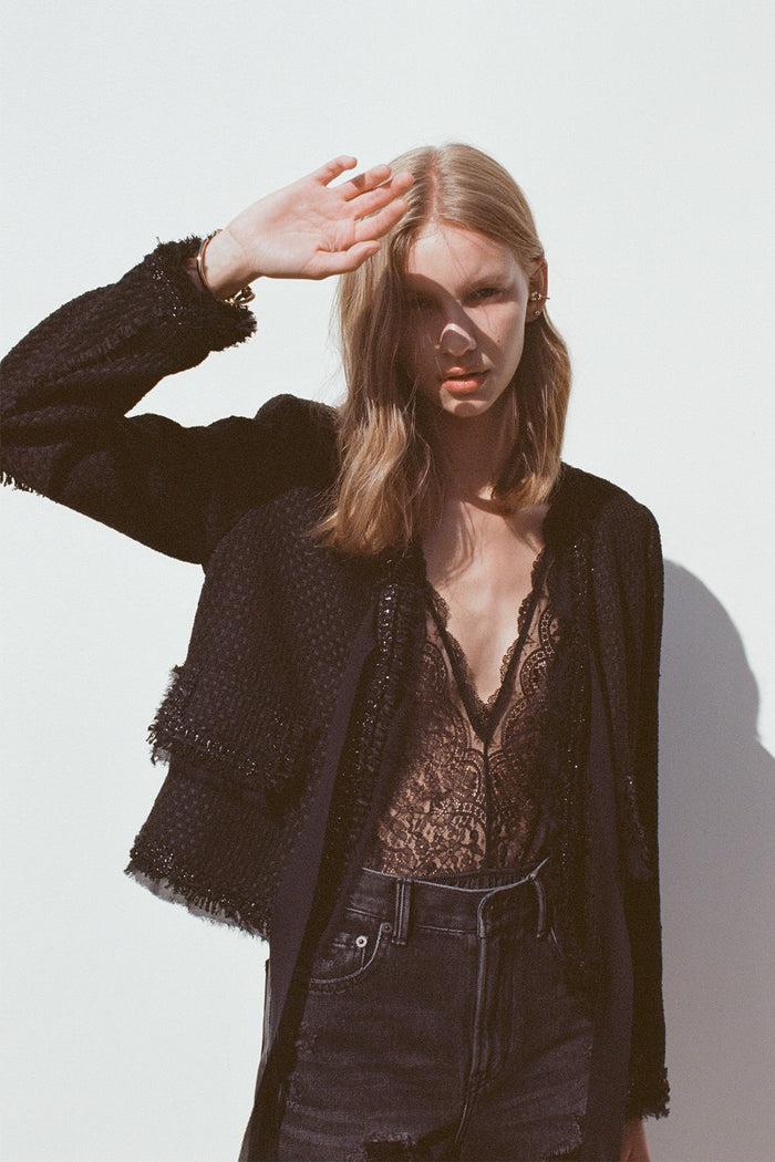 Goen.j Pussy-bow Cotton-blend Braided Bouclé-tweed Jacket BLACK