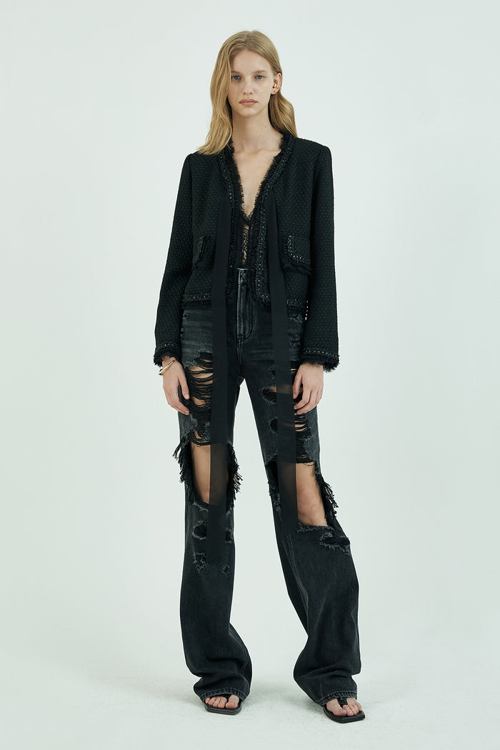 Goen.j Pussy-bow Cotton-blend Braided Bouclé-tweed Jacket BLACK