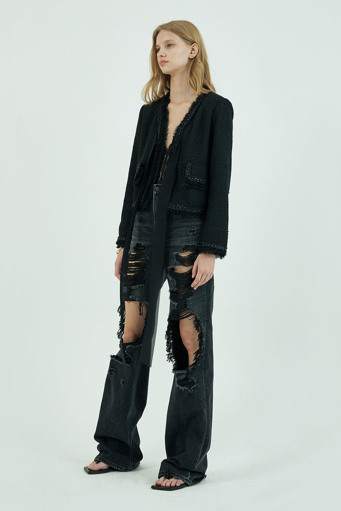 Goen.j Pussy-bow Cotton-blend Braided Bouclé-tweed Jacket BLACK