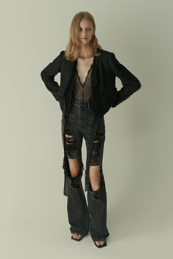 goen.j Pussy-bow cotton-blend braided bouclé-tweed jacket BLACK