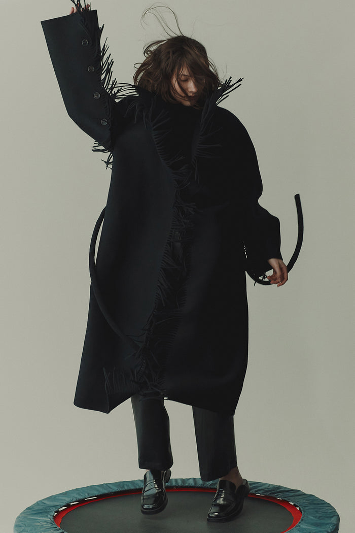 Goen.j Quilted Down-back Double-faced Wool Fringed Coat BLACK