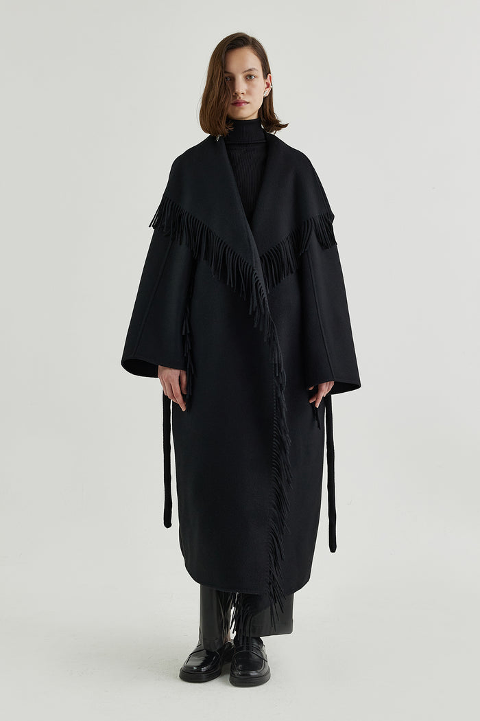 Goen.j Quilted Down-back Double-faced Wool Fringed Coat BLACK