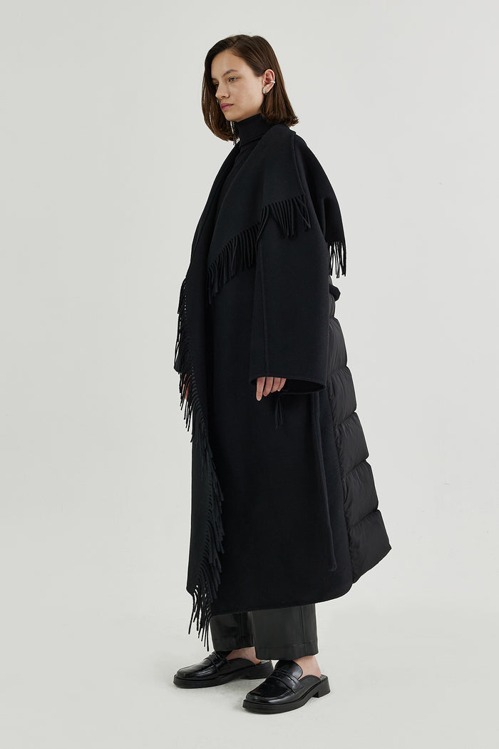 Goen.j Quilted Down-back Double-faced Wool Fringed Coat BLACK