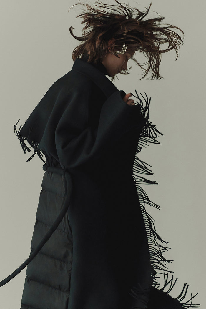 goen.j Quilted down-back double-faced wool fringed coat BLACK