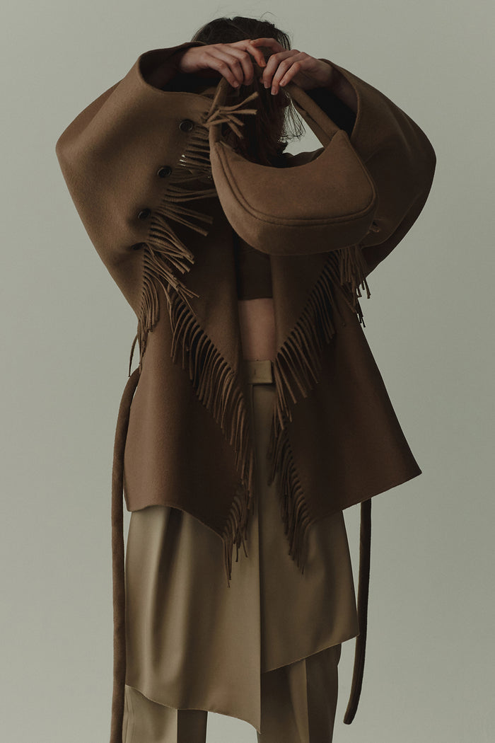 Goen.j Quilted Down-back Double-faced Wool Fringed Jacket CAMEL