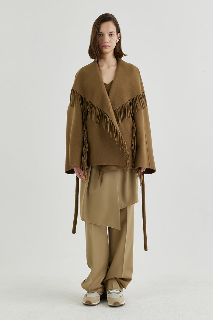 Goen.j Quilted Down-back Double-faced Wool Fringed Jacket CAMEL