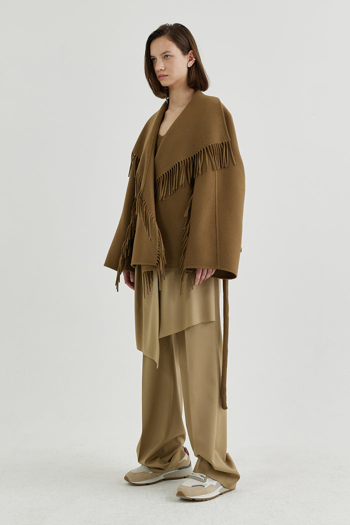 Goen.j Quilted Down-back Double-faced Wool Fringed Jacket CAMEL