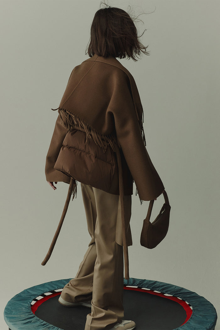 goen.j Quilted down-back double-faced wool fringed jacket CAMEL