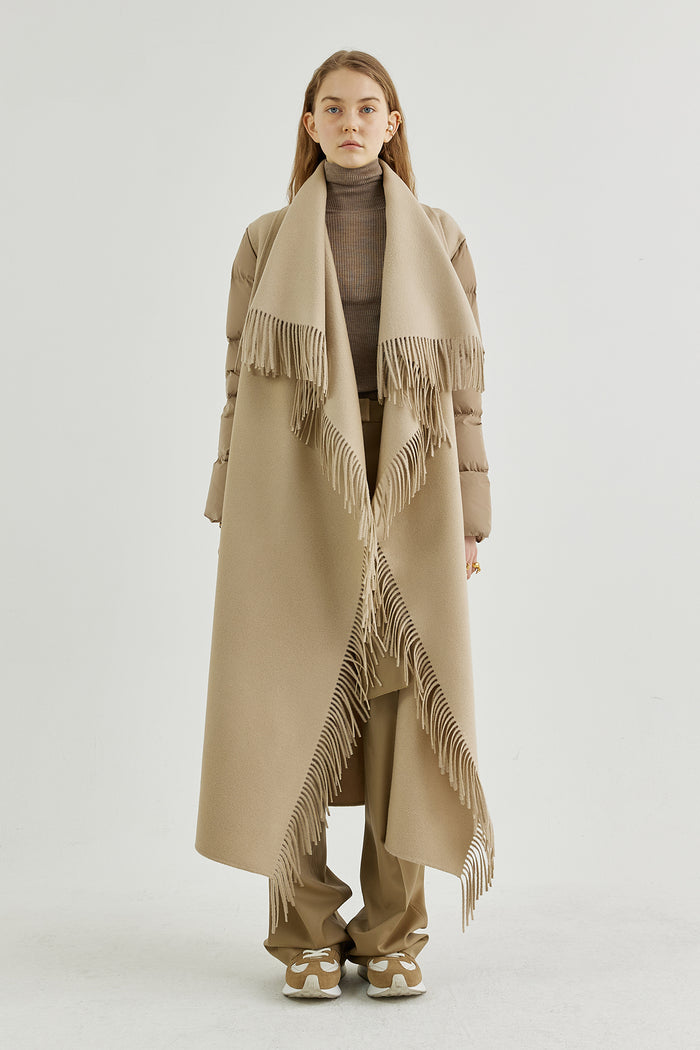 Goen.j Quilted Down Sleeves Double-faced Wool Fringed Coat BEIGE