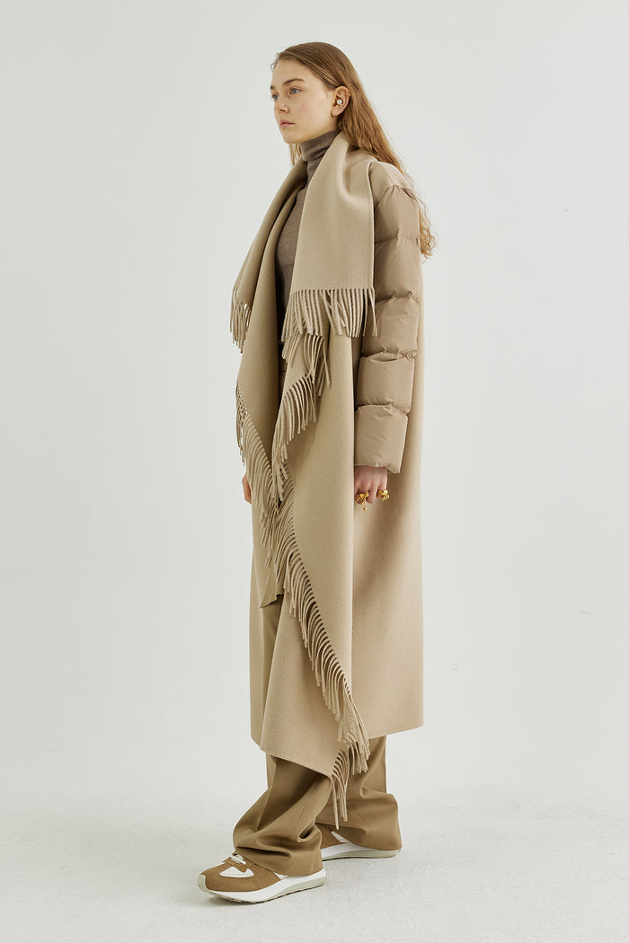 Goen.j Quilted Down Sleeves Double-faced Wool Fringed Coat BEIGE