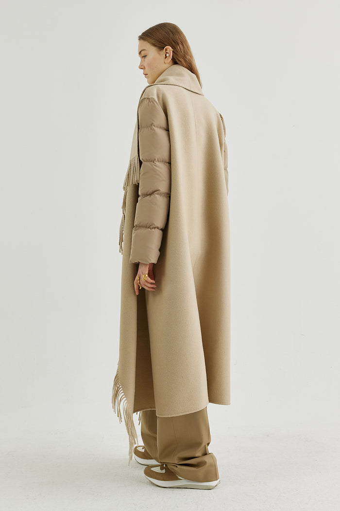 Goen.j Quilted Down Sleeves Double-faced Wool Fringed Coat BEIGE