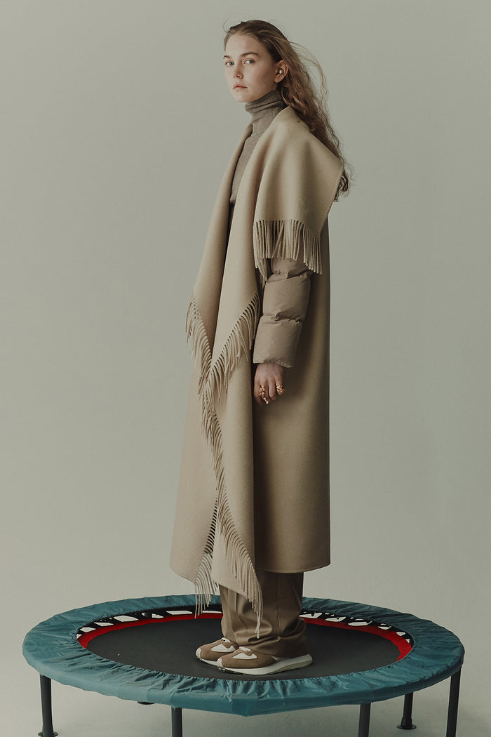 goen.j Quilted down sleeves double-faced wool fringed coat BEIGE