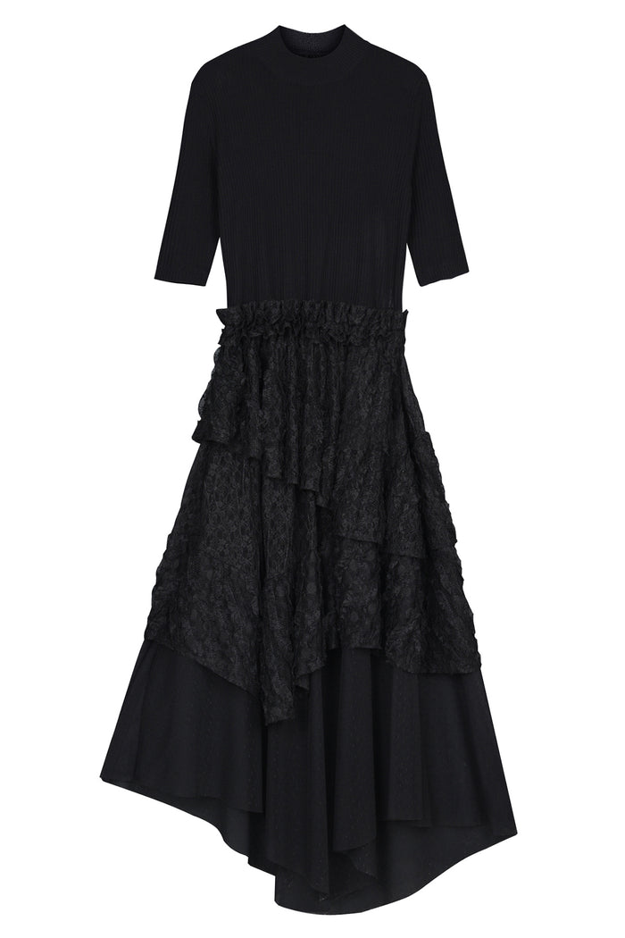Goen.j Rib-knitted And Asymmetric Lace Ruffle-trimmed Dress