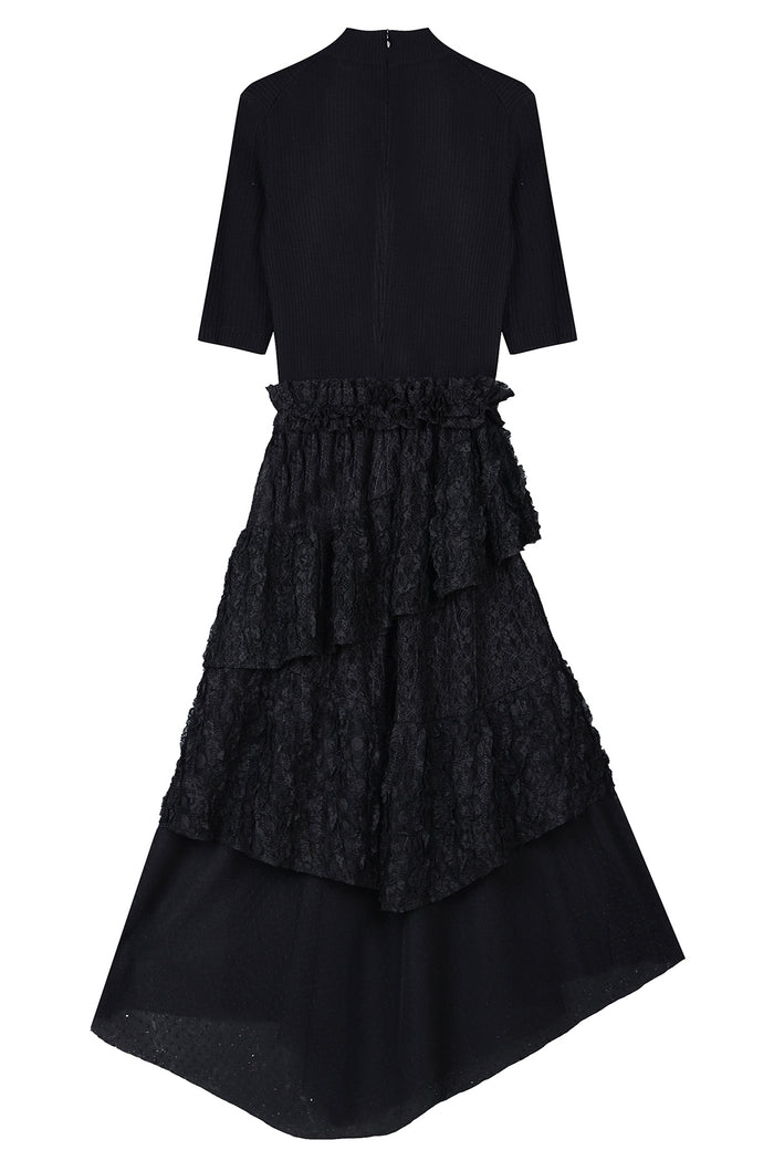 Goen.j Rib-knitted And Asymmetric Lace Ruffle-trimmed Dress