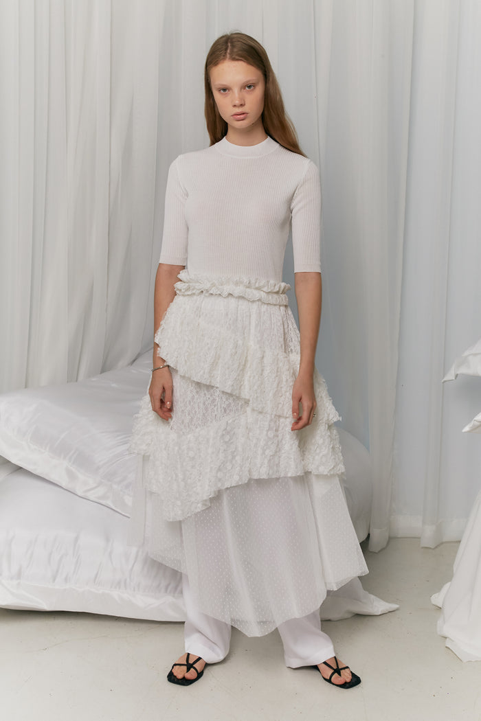 goen.j Rib-knitted and asymmetric lace ruffle-trimmed dress