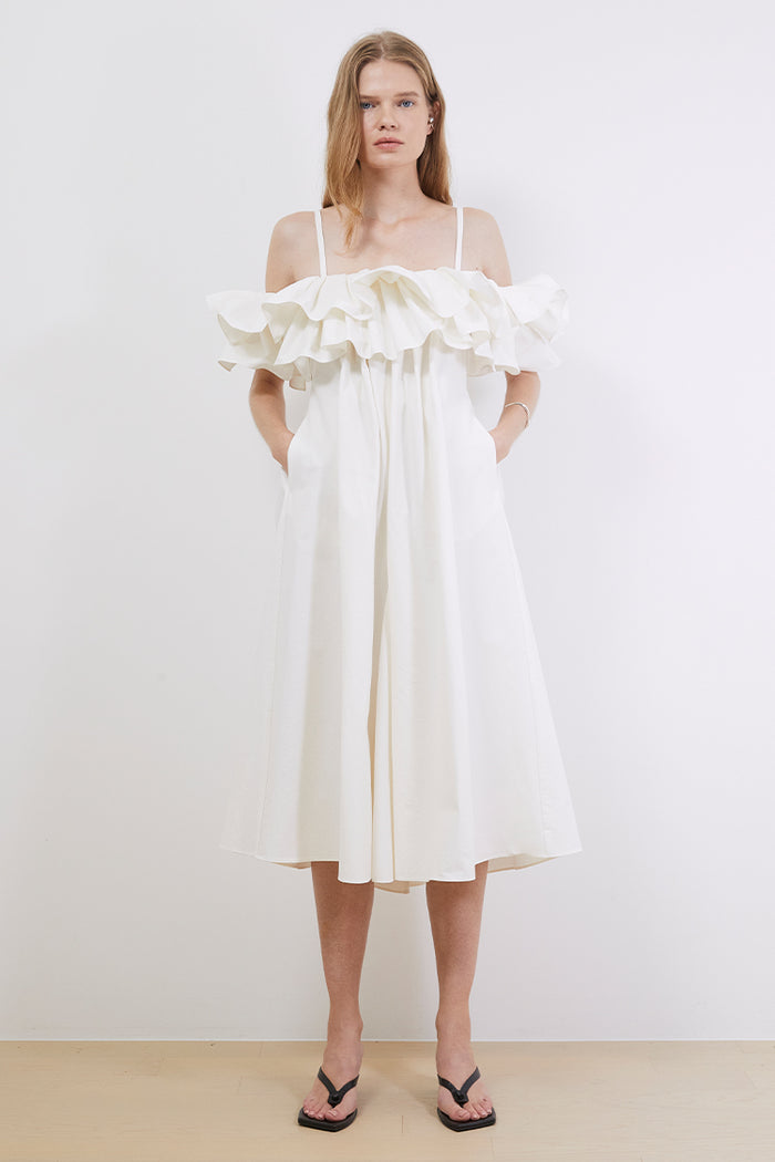 Goen.j Ruffle-bodice Pleated A-line Midi Dress BLACK