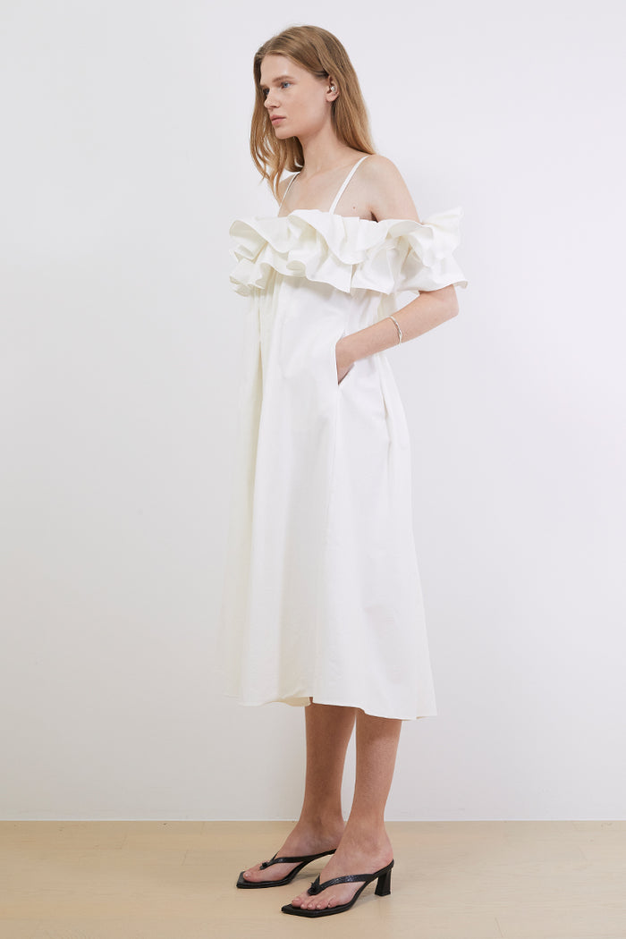 Goen.j Ruffle-bodice Pleated A-line Midi Dress BLACK