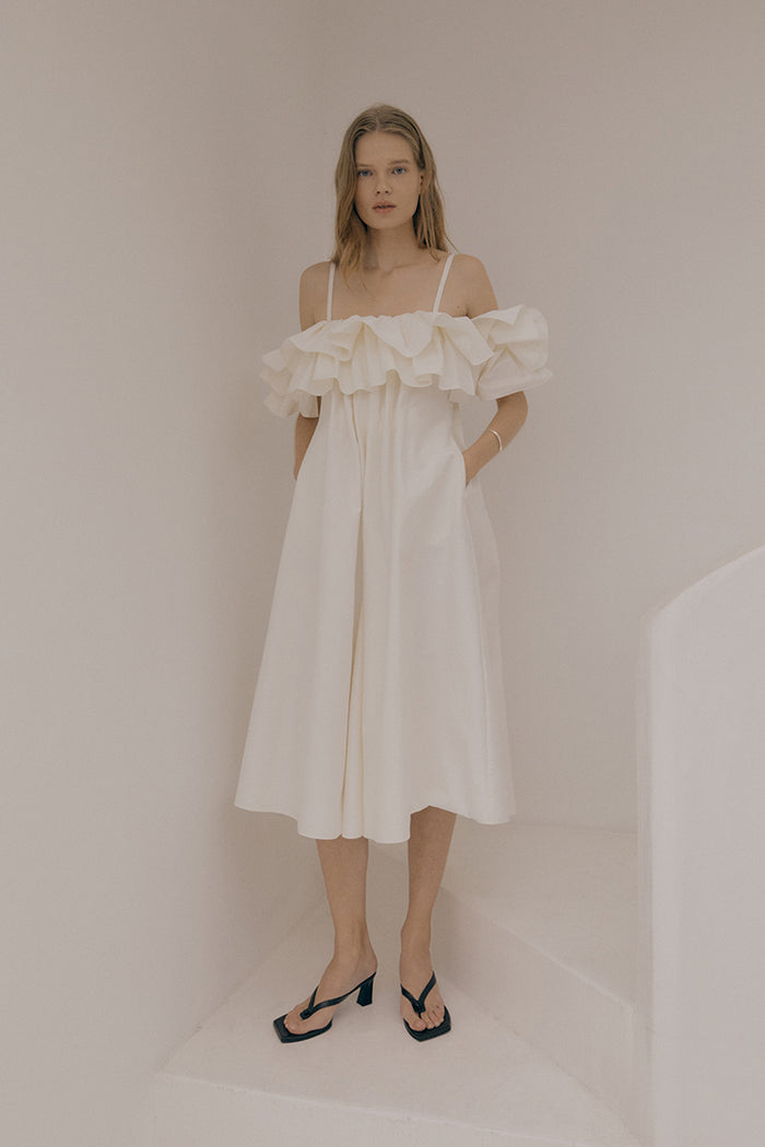 goen.j Ruffle-bodice pleated A-line midi dress BLACK