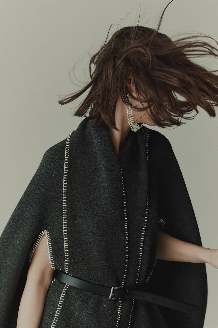 Goen.j Scarf-neckline Whip-stitch Wool-blend Cape CHARCOAL