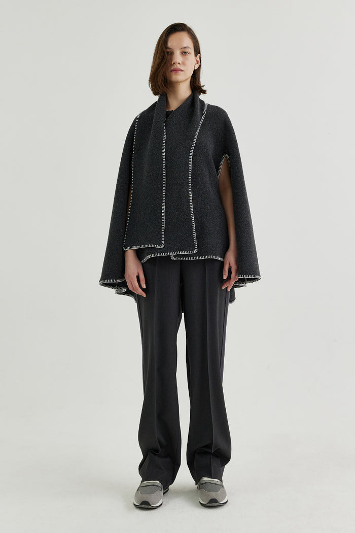 Goen.j Scarf-neckline Whip-stitch Wool-blend Cape CHARCOAL