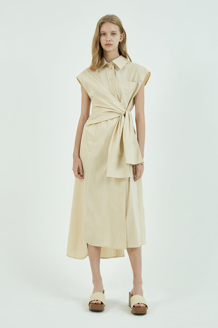Goen.j Self-tie Belted French-sleeve Shirt Dress BEIGE