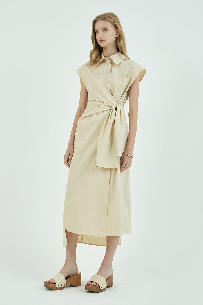 Goen.j Self-tie Belted French-sleeve Shirt Dress BEIGE