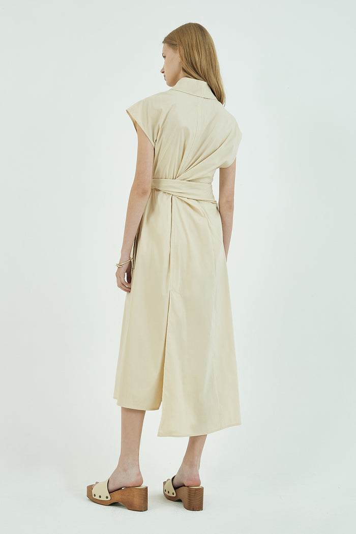 Goen.j Self-tie Belted French-sleeve Shirt Dress BEIGE