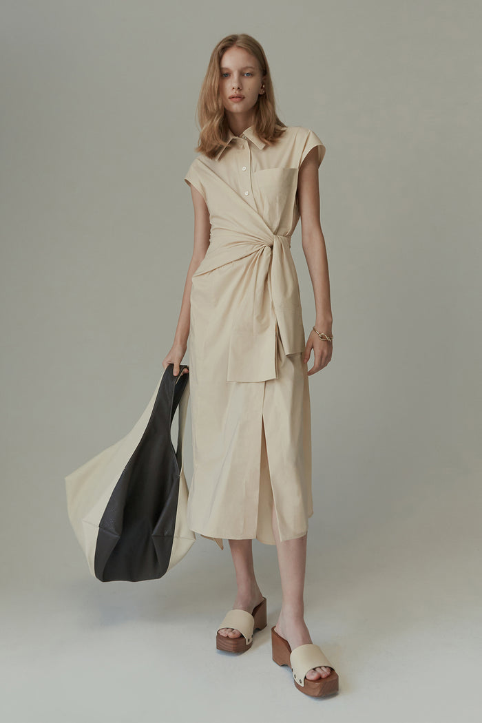goen.j Self-tie belted french-sleeve shirt dress BEIGE
