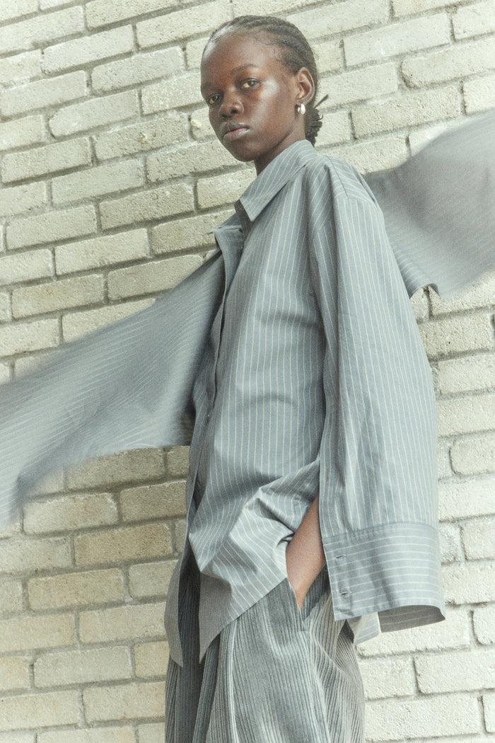 goen.j Self-tie knotted-detail pin-striped cotton shirt GREY