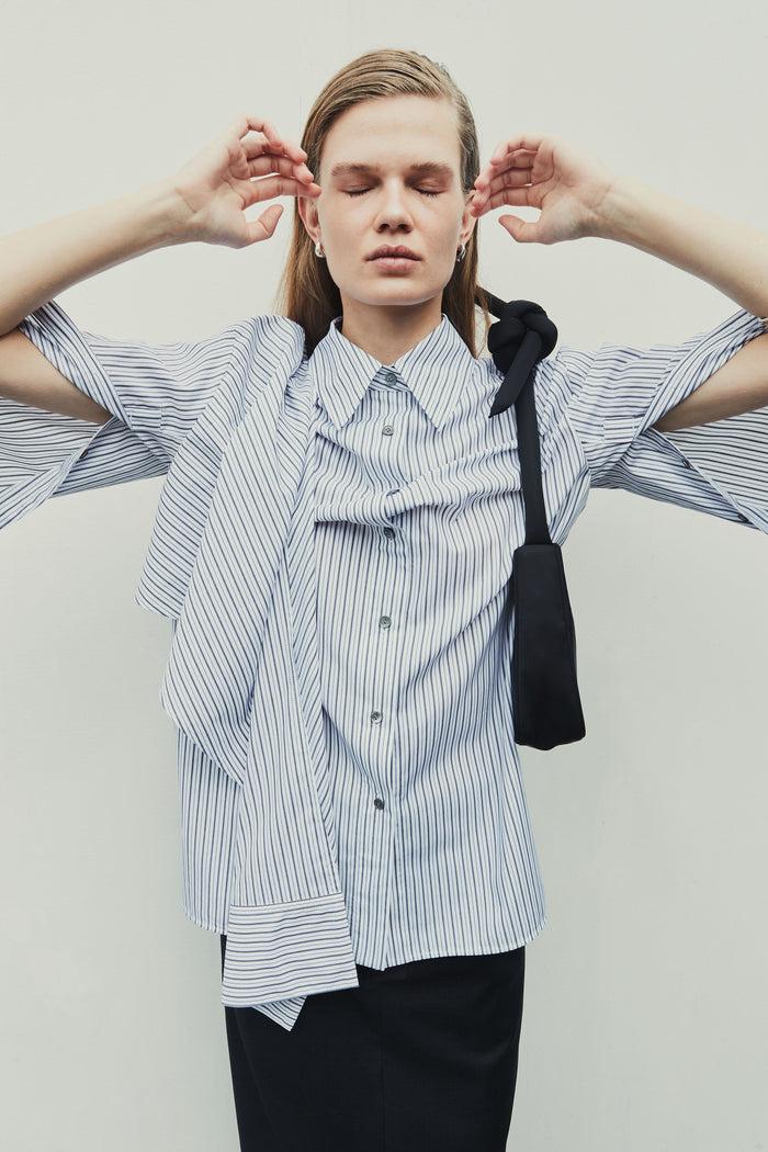 Goen.j Self-tie Knotted-detail Striped Cotton Shirt GREY