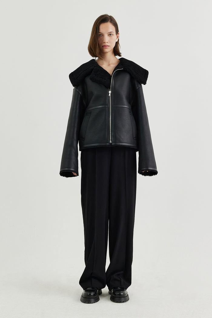 Goen.j Shearling-lined Aviator Leather Jacket BLACK