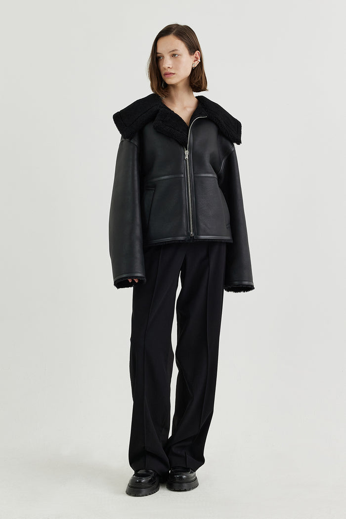 Goen.j Shearling-lined Aviator Leather Jacket BLACK