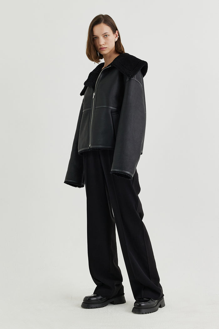 Goen.j Shearling-lined Aviator Leather Jacket BLACK