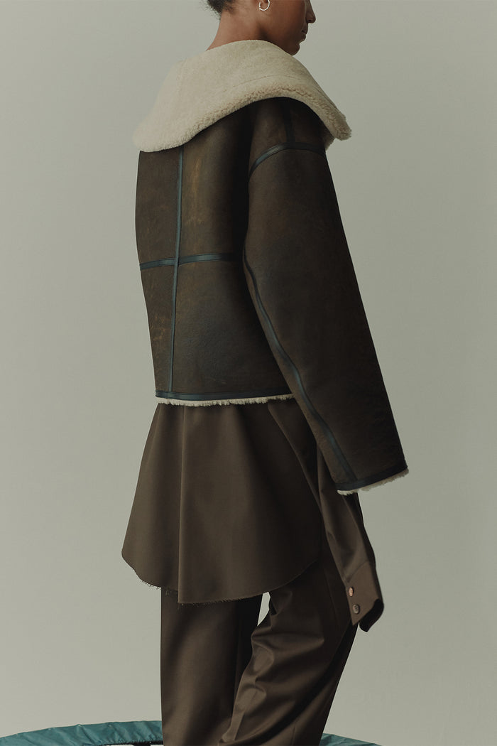 Goen.j Shearling-lined Aviator Leather Jacket BROWN