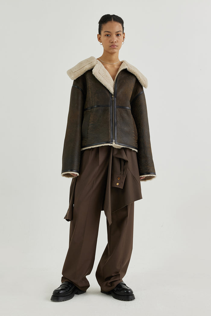 Goen.j Shearling-lined Aviator Leather Jacket BROWN