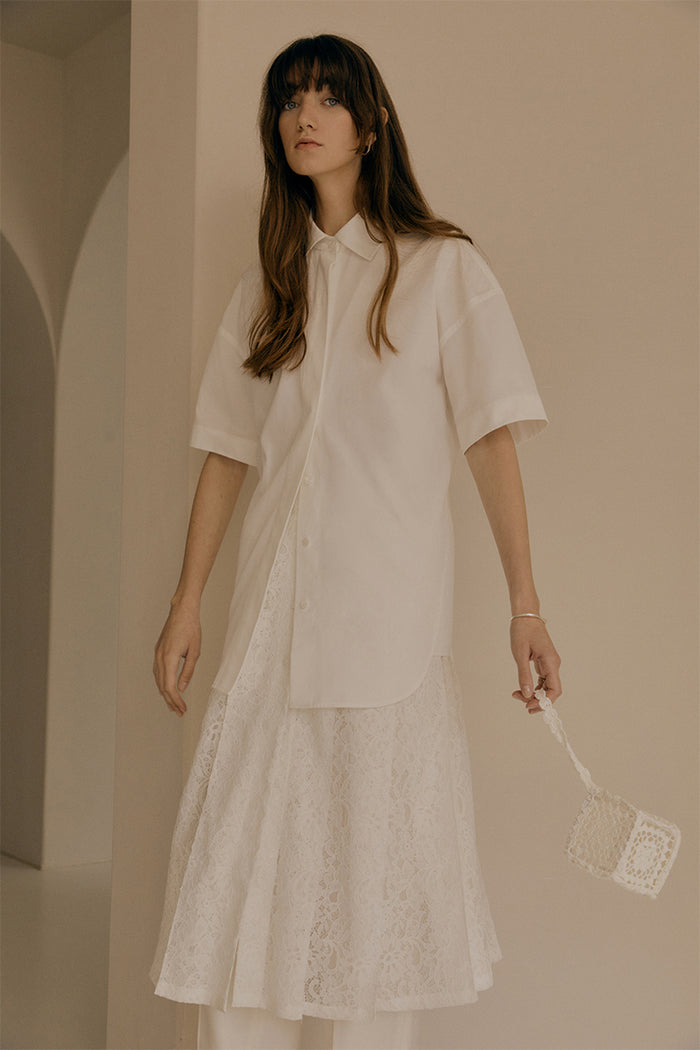 goen.j Short sleeve shirts with a pleated corded lace dress IVORY
