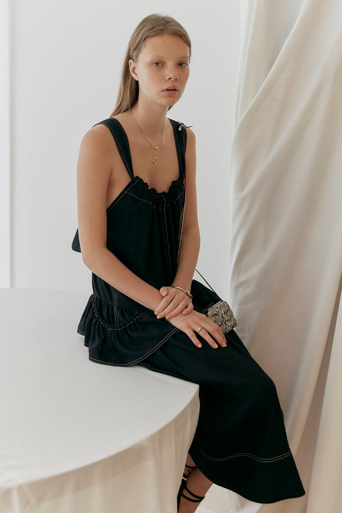 Goen.j Shoulder Strap Ruffled And Gathered Linen-blend Dress BLACK