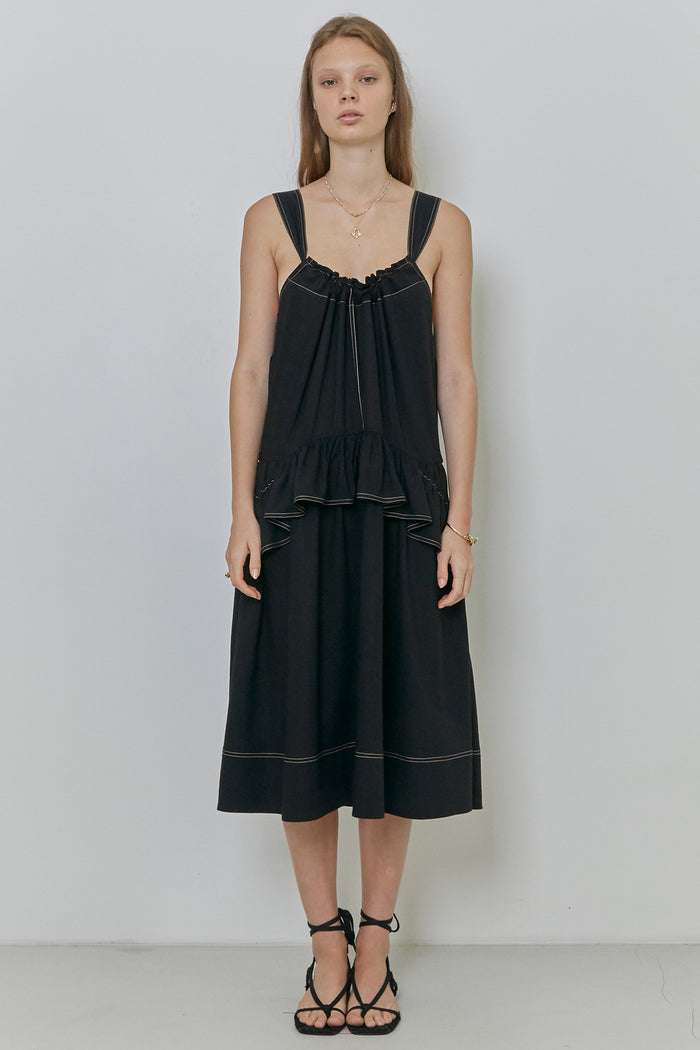 Goen.j Shoulder Strap Ruffled And Gathered Linen-blend Dress BLACK