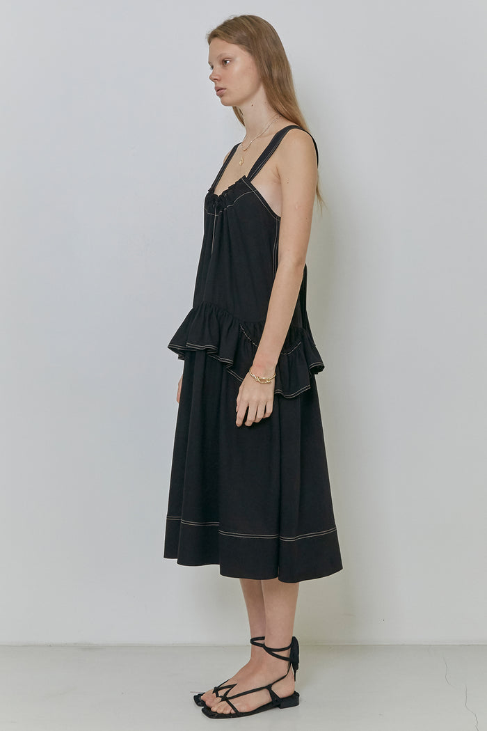 Goen.j Shoulder Strap Ruffled And Gathered Linen-blend Dress BLACK