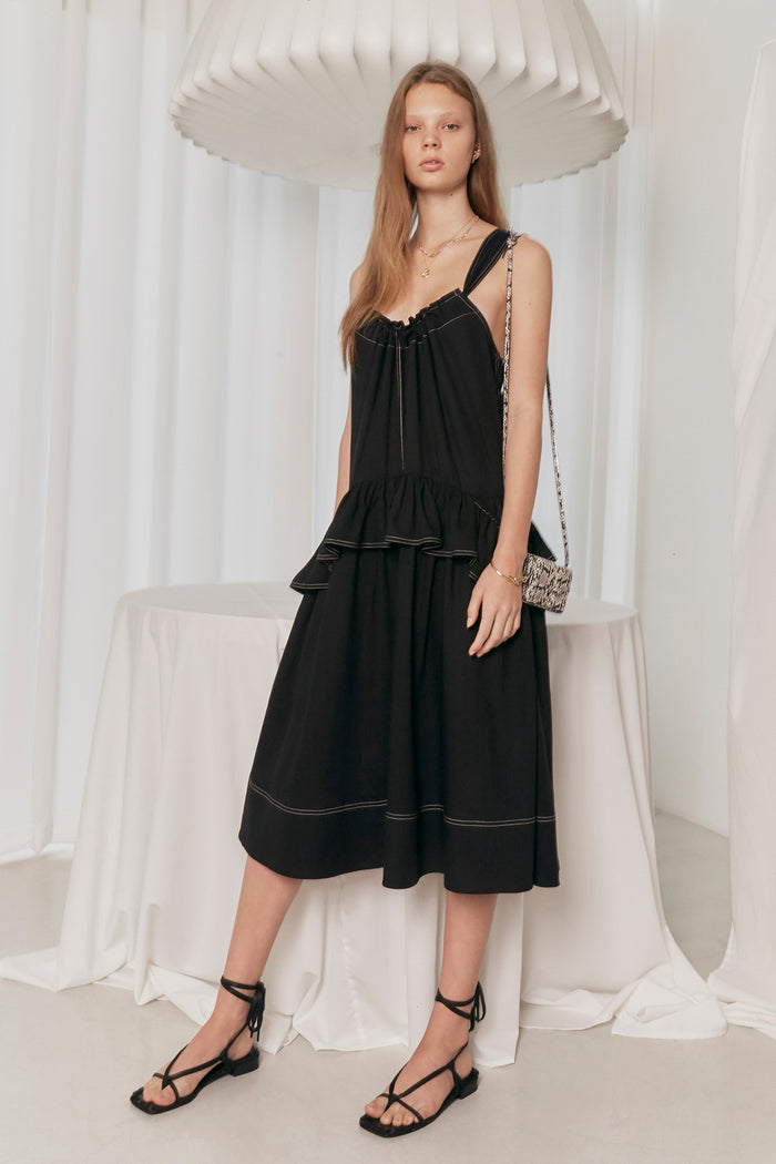 goen.j Shoulder strap ruffled and gathered linen-blend dress BLACK