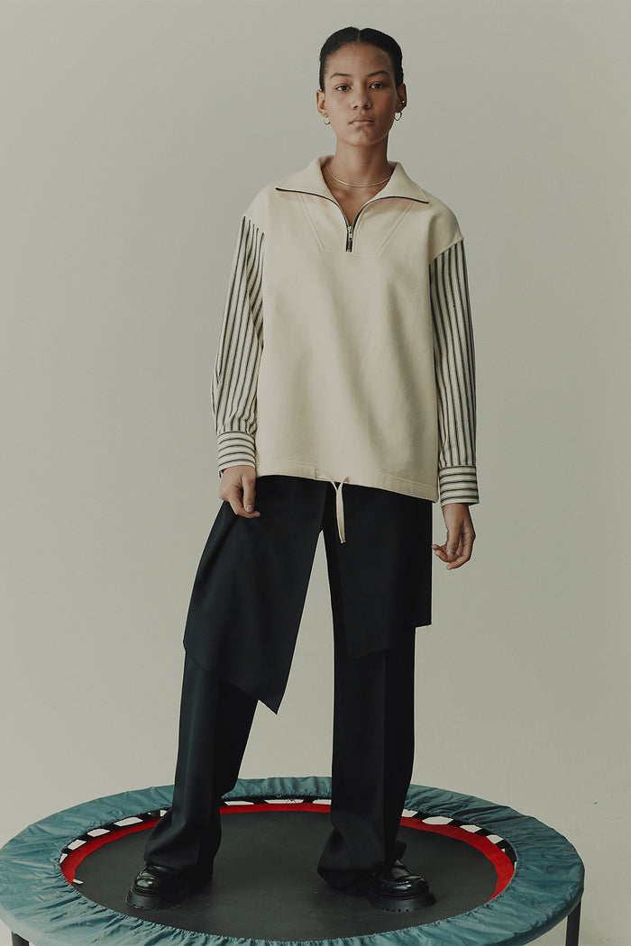 Goen.j Striped Poplin Shirt-layered Half-zip Cotton-jersey Sweatshirt CREAM/BLACK STRIPE