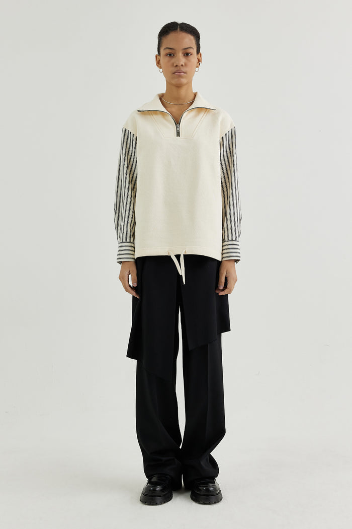 Goen.j Striped Poplin Shirt-layered Half-zip Cotton-jersey Sweatshirt CREAM/BLACK STRIPE