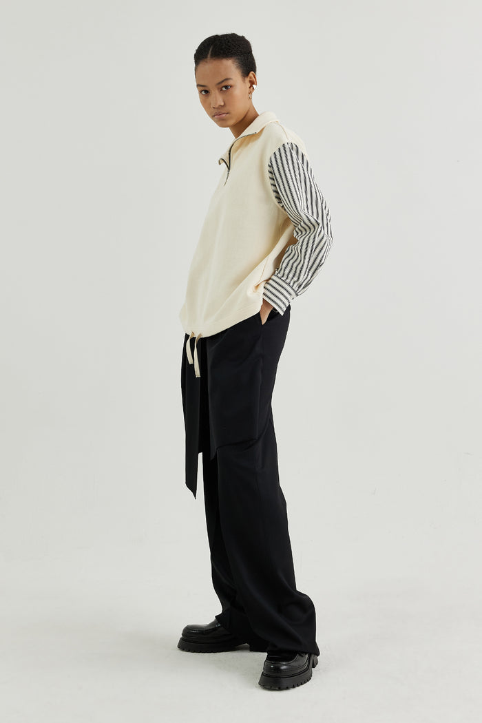 Goen.j Striped Poplin Shirt-layered Half-zip Cotton-jersey Sweatshirt CREAM/BLACK STRIPE